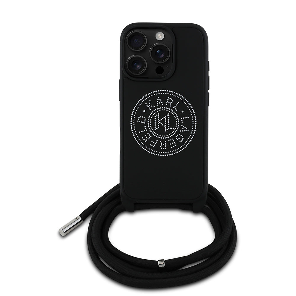 Apple iPhone 16 Pro Max Kılıf Karl Lagerfeld Orjinal Lisanslı Askı İpli Taşlı KL Yazılı Crossbody Cord Kapak