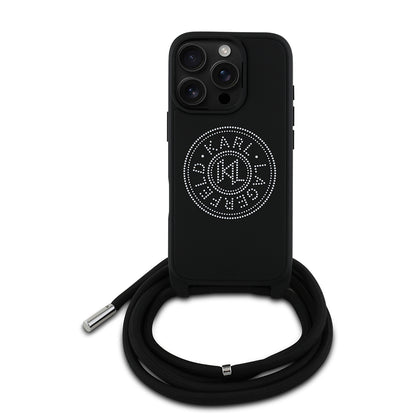 Apple iPhone 16 Pro Max Kılıf Karl Lagerfeld Orjinal Lisanslı Askı İpli Taşlı KL Yazılı Crossbody Cord Kapak