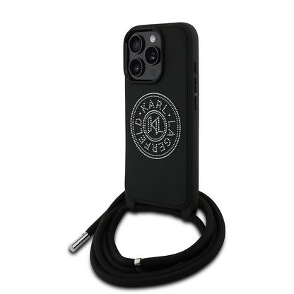 Apple iPhone 16 Pro Max Kılıf Karl Lagerfeld Orjinal Lisanslı Askı İpli Taşlı KL Yazılı Crossbody Cord Kapak