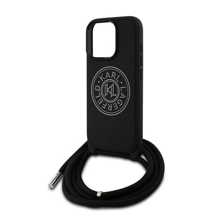 Apple iPhone 16 Pro Max Kılıf Karl Lagerfeld Orjinal Lisanslı Askı İpli Taşlı KL Yazılı Crossbody Cord Kapak