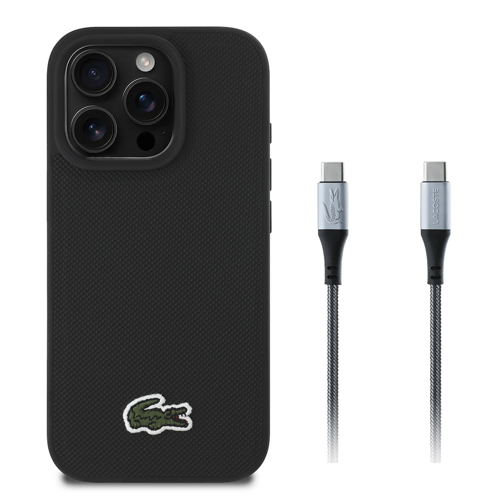 Apple iPhone 16 Pro Max Kılıf Lacoste Orjinal Lisanslı PU Pike Desenli Arka Yüzey İkonik Timsah Dokuma Logolu Kapak + Type-C Kablo 1.5m
