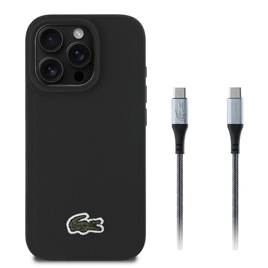 Apple iPhone 16 Pro Max Kılıf Lacoste Orjinal Lisanslı PU Pike Desenli Arka Yüzey İkonik Timsah Dokuma Logolu Kapak + Type-C Kablo 1.5m