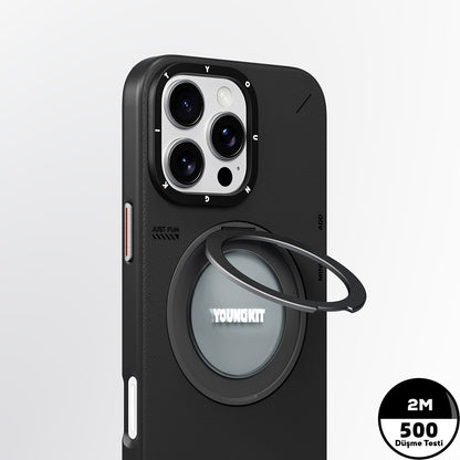 Apple iPhone 16 Pro Max Kılıf M-safe Şarj Özellikli 360° Standlı Basit Mat Deri Desenli Youngkit Tech Leather Serisi Kapak