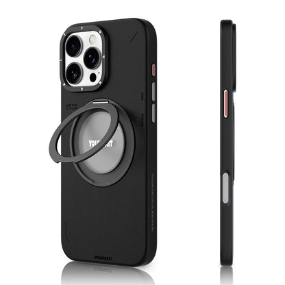 Apple iPhone 16 Pro Max Kılıf M-safe Şarj Özellikli 360° Standlı Basit Mat Deri Desenli Youngkit Tech Leather Serisi Kapak