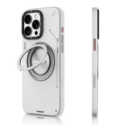 Apple iPhone 16 Pro Max Kılıf M-safe Şarj Özellikli 360° Standlı Basit Mat Deri Desenli Youngkit Tech Leather Serisi Kapak