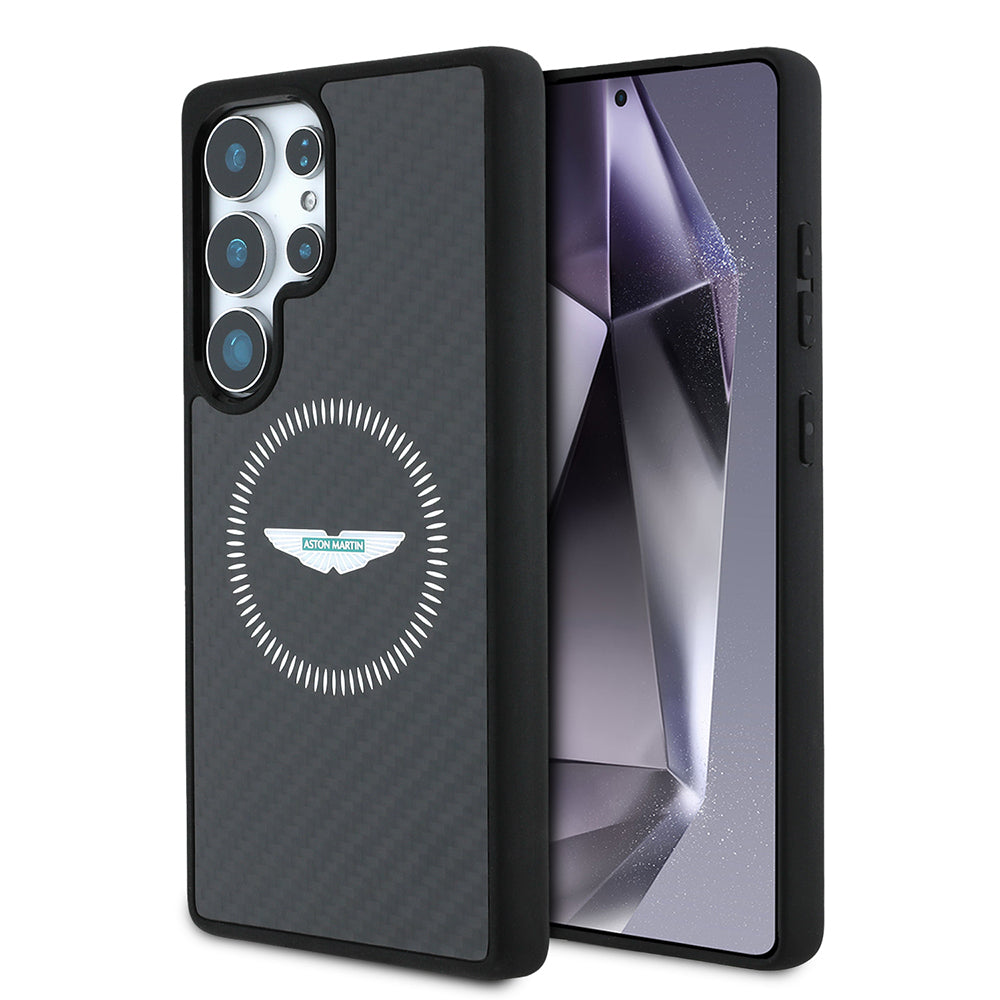 Galaxy S25 Ultra Kılıf Aston Martin Orjinal Lisanslı M-safe Şarj Özellikli Radyal Halka ve Karbon Fiber Tasarımlı Kapak