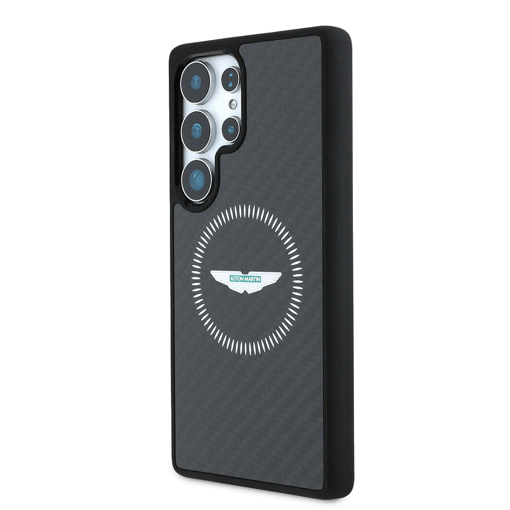 Galaxy S25 Ultra Kılıf Aston Martin Orjinal Lisanslı M-safe Şarj Özellikli Radyal Halka ve Karbon Fiber Tasarımlı Kapak