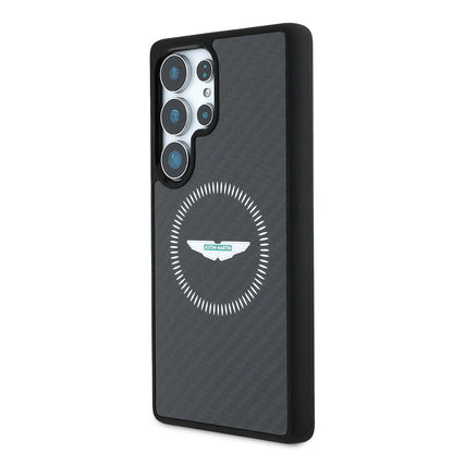 Galaxy S25 Ultra Kılıf Aston Martin Orjinal Lisanslı M-safe Şarj Özellikli Radyal Halka ve Karbon Fiber Tasarımlı Kapak