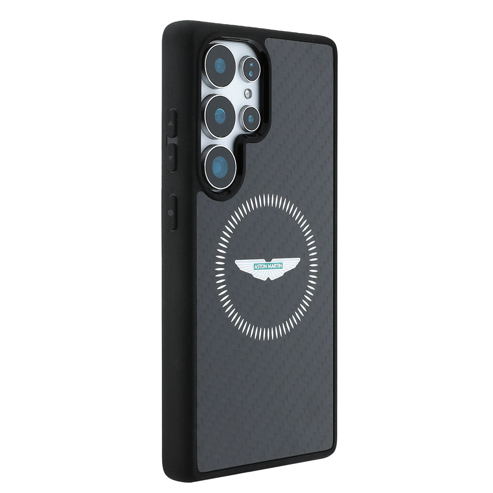 Galaxy S25 Ultra Kılıf Aston Martin Orjinal Lisanslı M-safe Şarj Özellikli Radyal Halka ve Karbon Fiber Tasarımlı Kapak