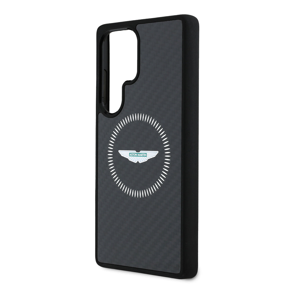 Galaxy S25 Ultra Kılıf Aston Martin Orjinal Lisanslı M-safe Şarj Özellikli Radyal Halka ve Karbon Fiber Tasarımlı Kapak