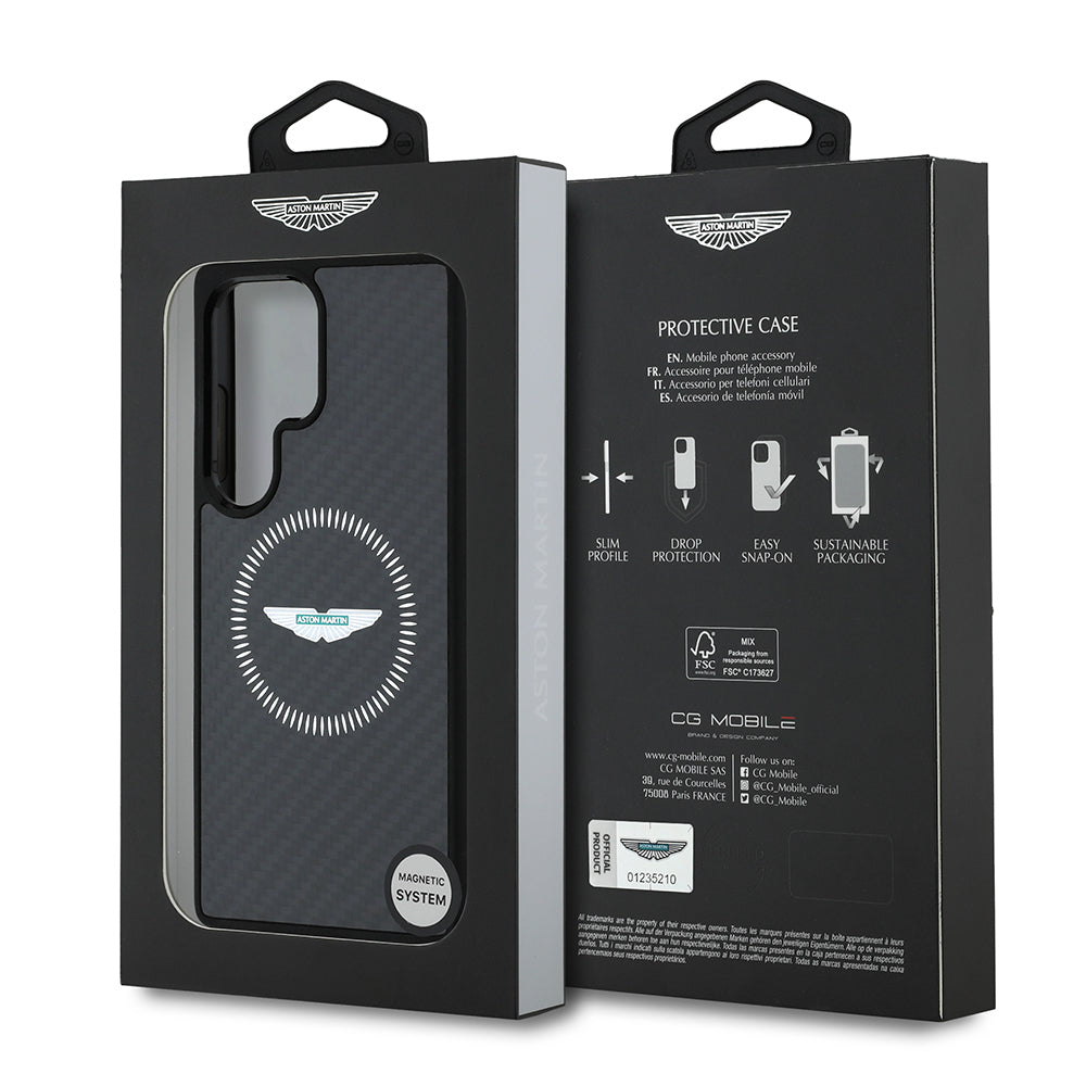 Galaxy S25 Ultra Kılıf Aston Martin Orjinal Lisanslı M-safe Şarj Özellikli Radyal Halka ve Karbon Fiber Tasarımlı Kapak