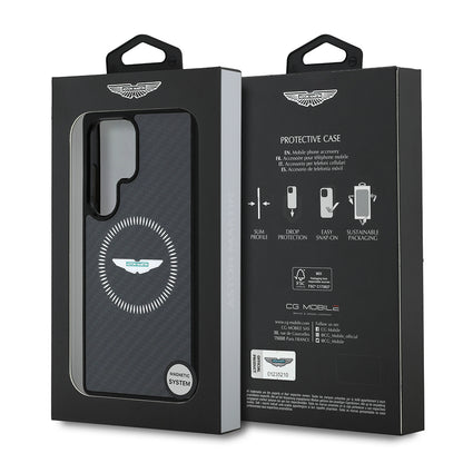 Galaxy S25 Ultra Kılıf Aston Martin Orjinal Lisanslı M-safe Şarj Özellikli Radyal Halka ve Karbon Fiber Tasarımlı Kapak