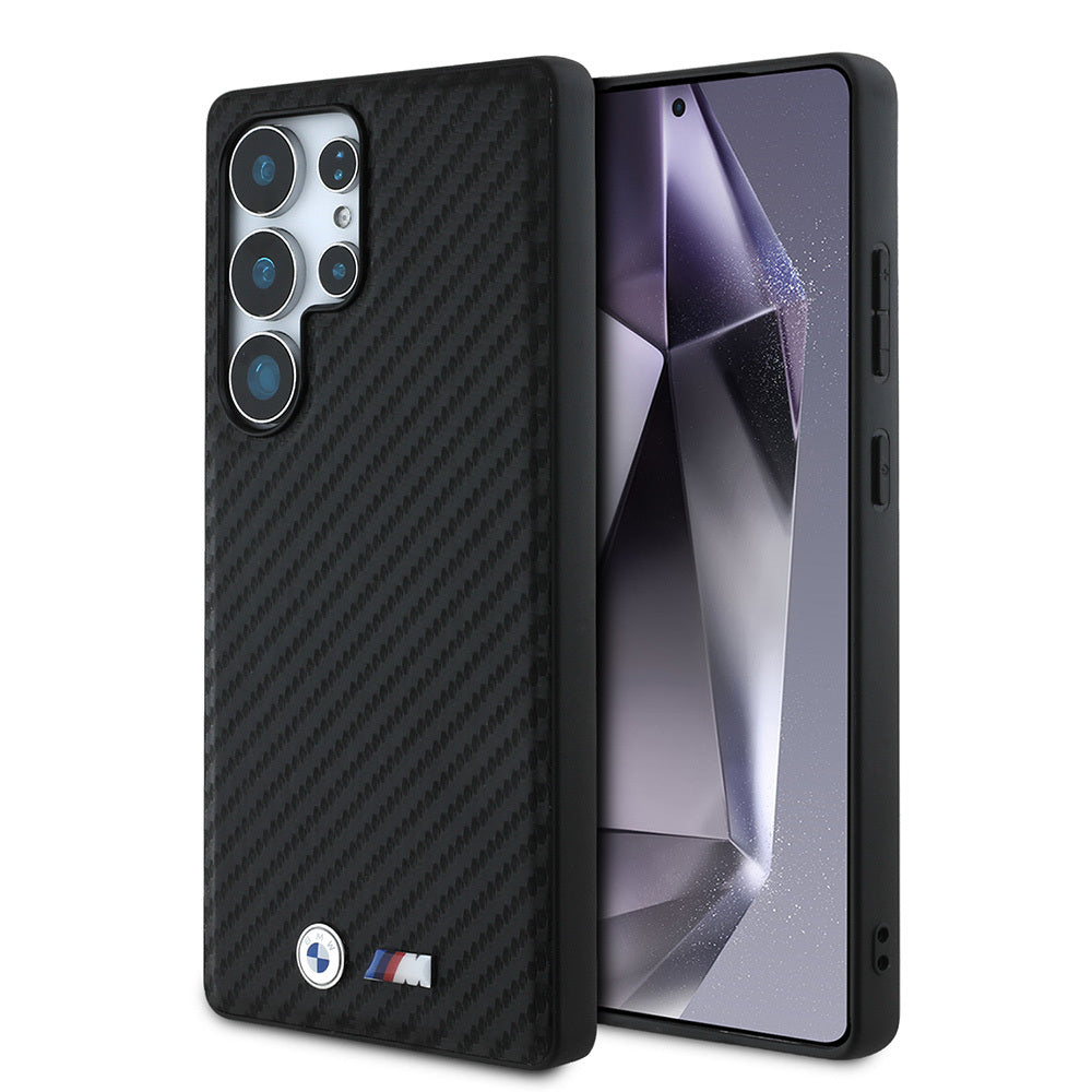 Galaxy S25 Ultra Kılıf BMW Orjinal Lisanslı M-safe Şarj Özellikli Karbon Fiber Tasarımlı ve Metal Logolu PU Deri Kapak