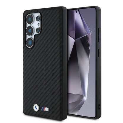 Galaxy S25 Ultra Kılıf BMW Orjinal Lisanslı M-safe Şarj Özellikli Karbon Fiber Tasarımlı ve Metal Logolu PU Deri Kapak