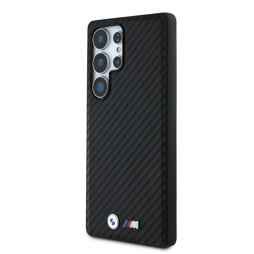 Galaxy S25 Ultra Kılıf BMW Orjinal Lisanslı M-safe Şarj Özellikli Karbon Fiber Tasarımlı ve Metal Logolu PU Deri Kapak