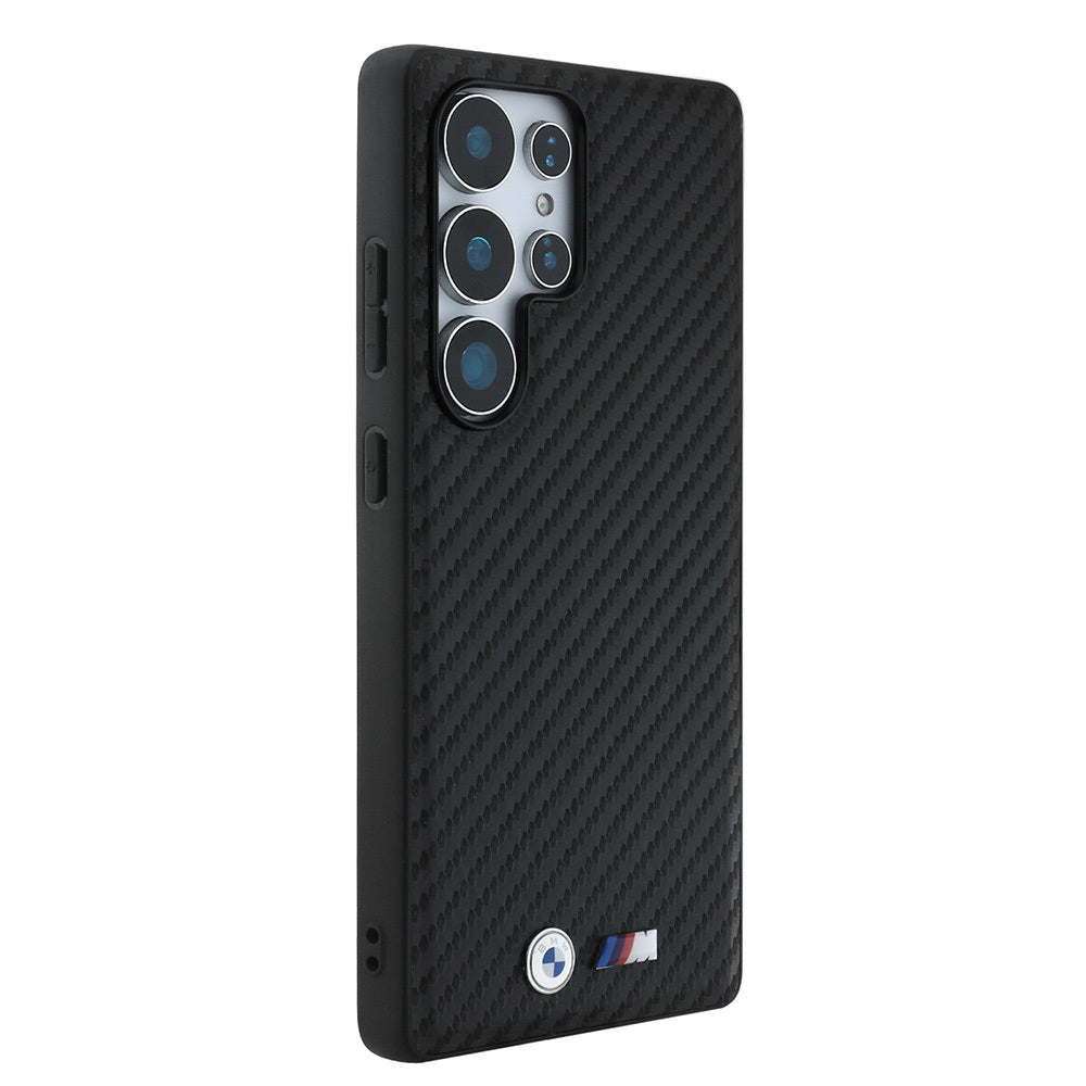 Galaxy S25 Ultra Kılıf BMW Orjinal Lisanslı M-safe Şarj Özellikli Karbon Fiber Tasarımlı ve Metal Logolu PU Deri Kapak