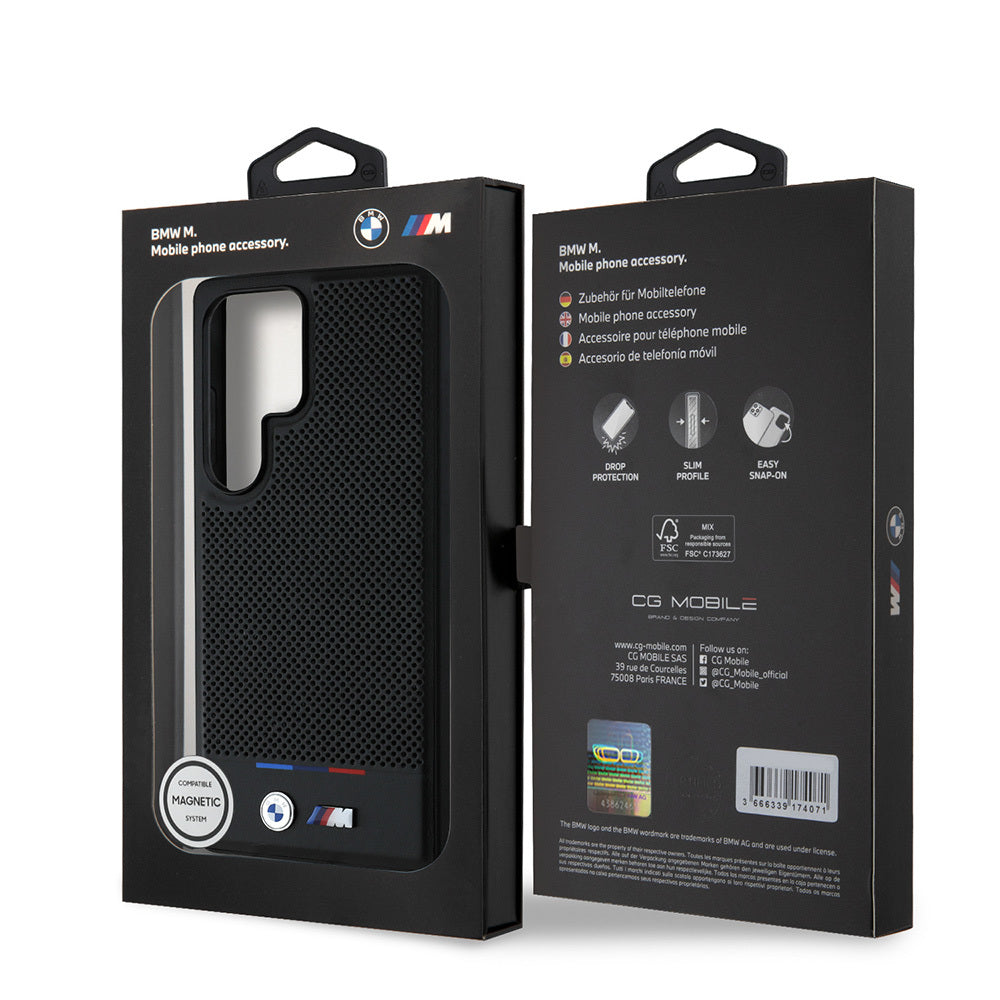 Galaxy S25 Ultra Kılıf BMW Orjinal Lisanslı M-safe Şarj Özellikli M Logolu Bottom Üç Çizgili Delikli PU Deri Kapak