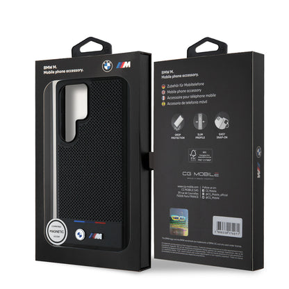 Galaxy S25 Ultra Kılıf BMW Orjinal Lisanslı M-safe Şarj Özellikli M Logolu Bottom Üç Çizgili Delikli PU Deri Kapak