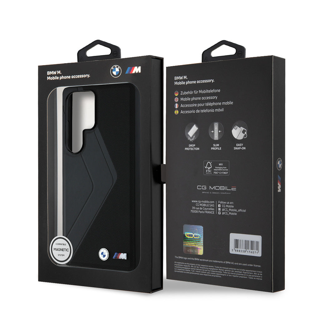 Galaxy S25 Ultra Kılıf BMW Orjinal Lisanslı M-safe Şarj Özellikli M Logolu Oversize Çizgili PU Deri Kapak