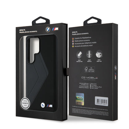 Galaxy S25 Ultra Kılıf BMW Orjinal Lisanslı M-safe Şarj Özellikli M Logolu Oversize Çizgili PU Deri Kapak