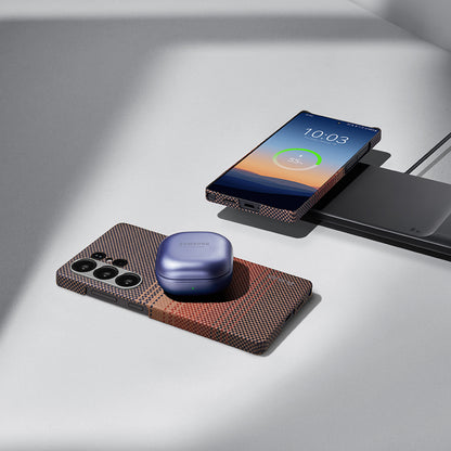 Galaxy S25 Ultra Kılıf M-safe Şarj Özellikli Aramid Fiber Pitaka Tactile Woven Sunset-Moonrise Serisi Kapak