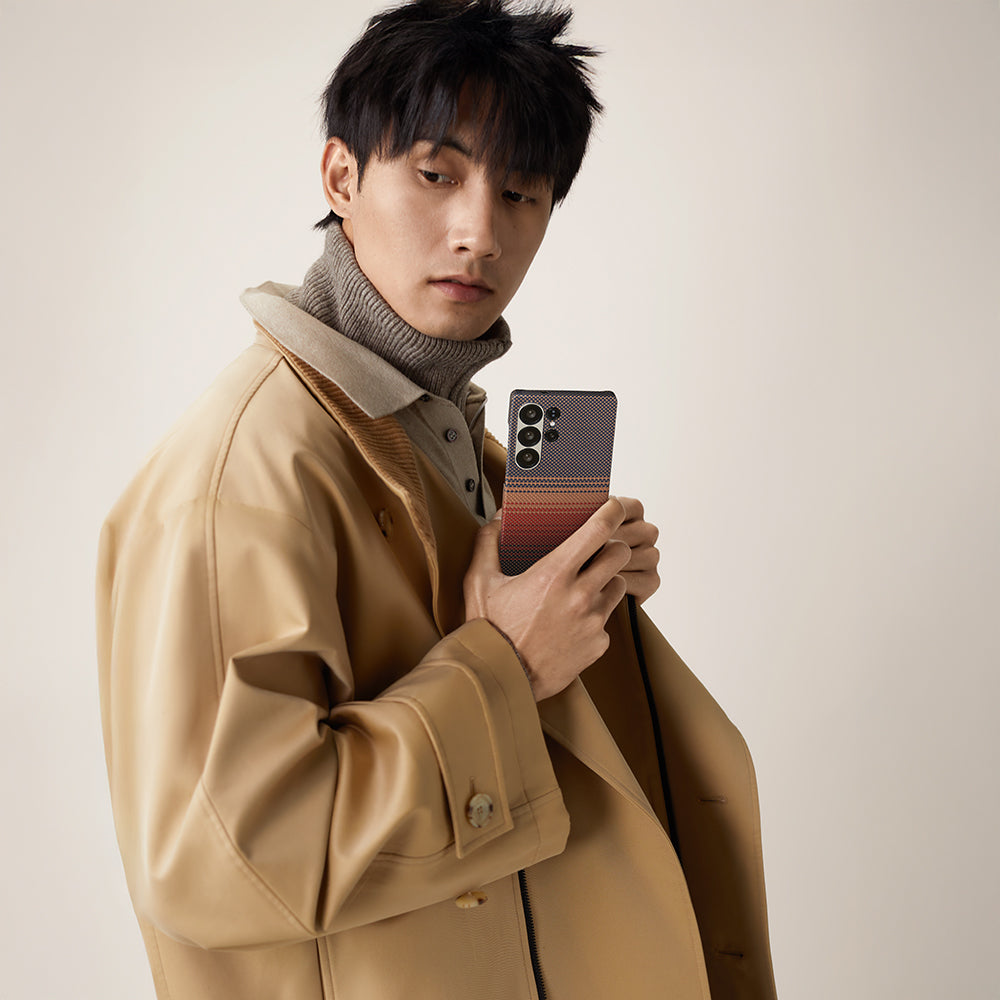 Galaxy S25 Ultra Kılıf M-safe Şarj Özellikli Aramid Fiber Pitaka Tactile Woven Sunset-Moonrise Serisi Kapak