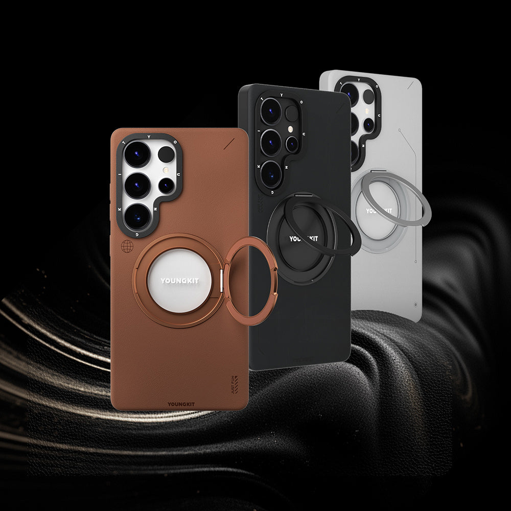 Galaxy S25 Ultra Kılıf M-safe Şarj Özellikli 360° Standlı Basit Mat Deri Desenli Youngkit Tech Leather Serisi Kapak