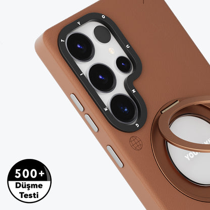 Galaxy S25 Ultra Kılıf M-safe Şarj Özellikli 360° Standlı Basit Mat Deri Desenli Youngkit Tech Leather Serisi Kapak