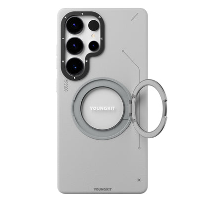 Galaxy S25 Ultra Kılıf M-safe Şarj Özellikli 360° Standlı Basit Mat Deri Desenli Youngkit Tech Leather Serisi Kapak