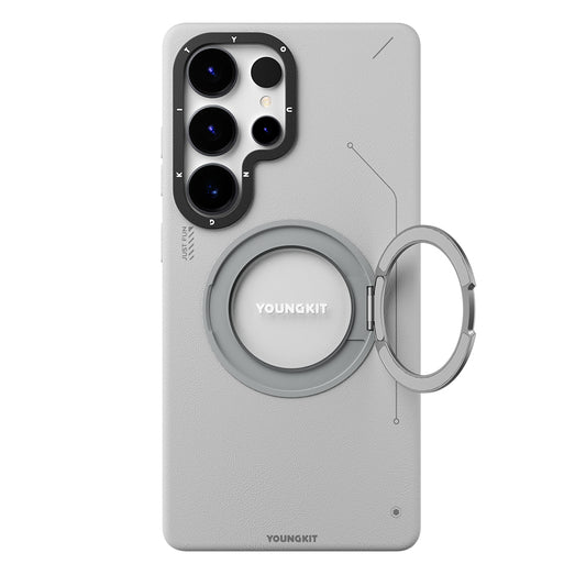 Galaxy S25 Ultra Kılıf M-safe Şarj Özellikli 360° Standlı Basit Mat Deri Desenli Youngkit Tech Leather Serisi Kapak