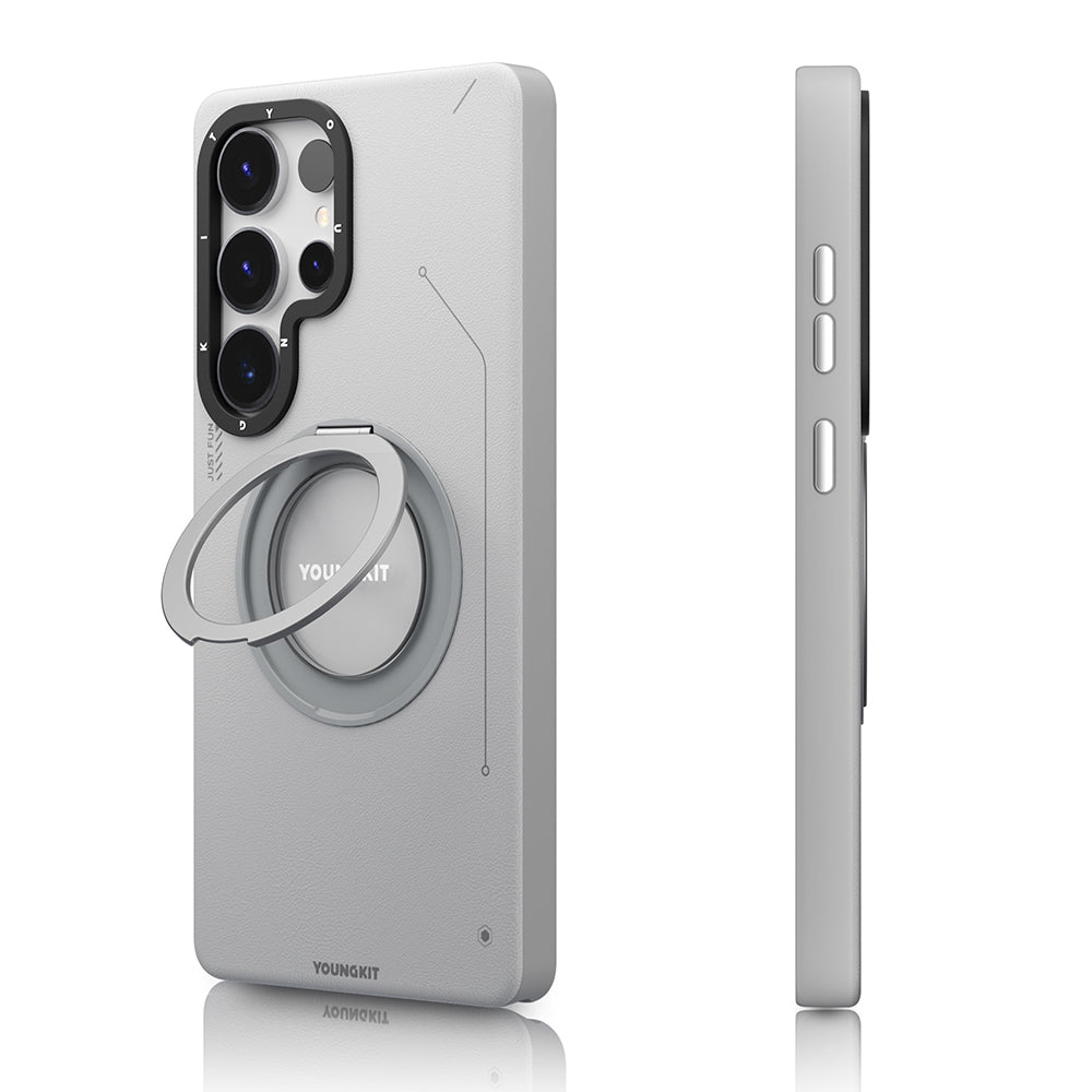 Galaxy S25 Ultra Kılıf M-safe Şarj Özellikli 360° Standlı Basit Mat Deri Desenli Youngkit Tech Leather Serisi Kapak