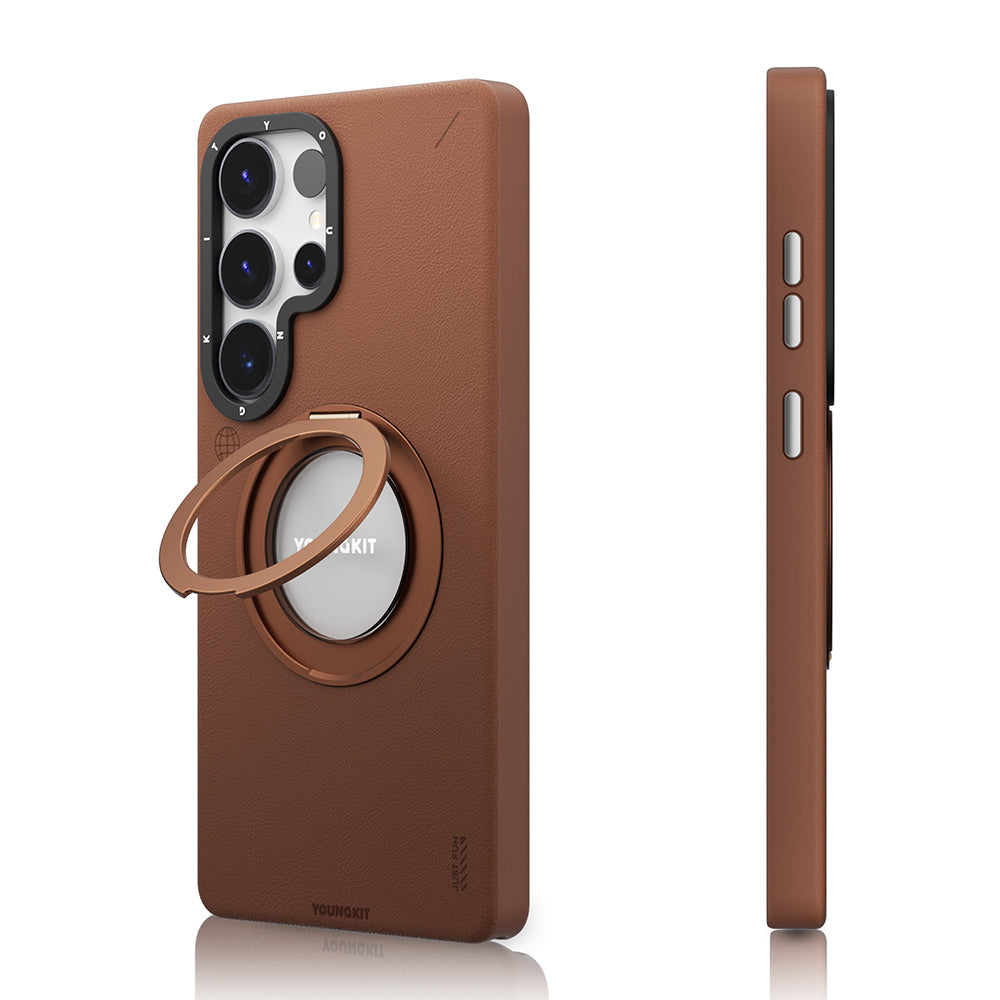 Galaxy S25 Ultra Kılıf M-safe Şarj Özellikli 360° Standlı Basit Mat Deri Desenli Youngkit Tech Leather Serisi Kapak