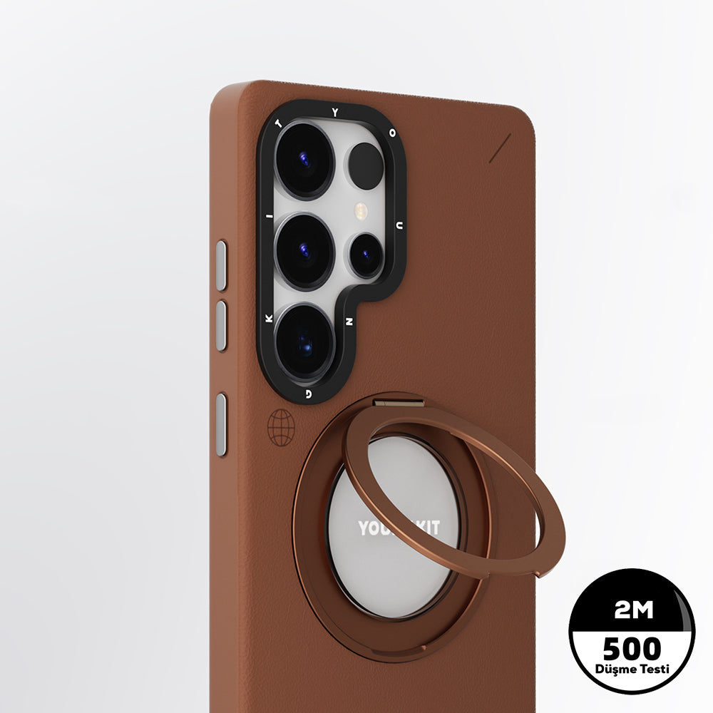 Galaxy S25 Ultra Kılıf M-safe Şarj Özellikli 360° Standlı Basit Mat Deri Desenli Youngkit Tech Leather Serisi Kapak