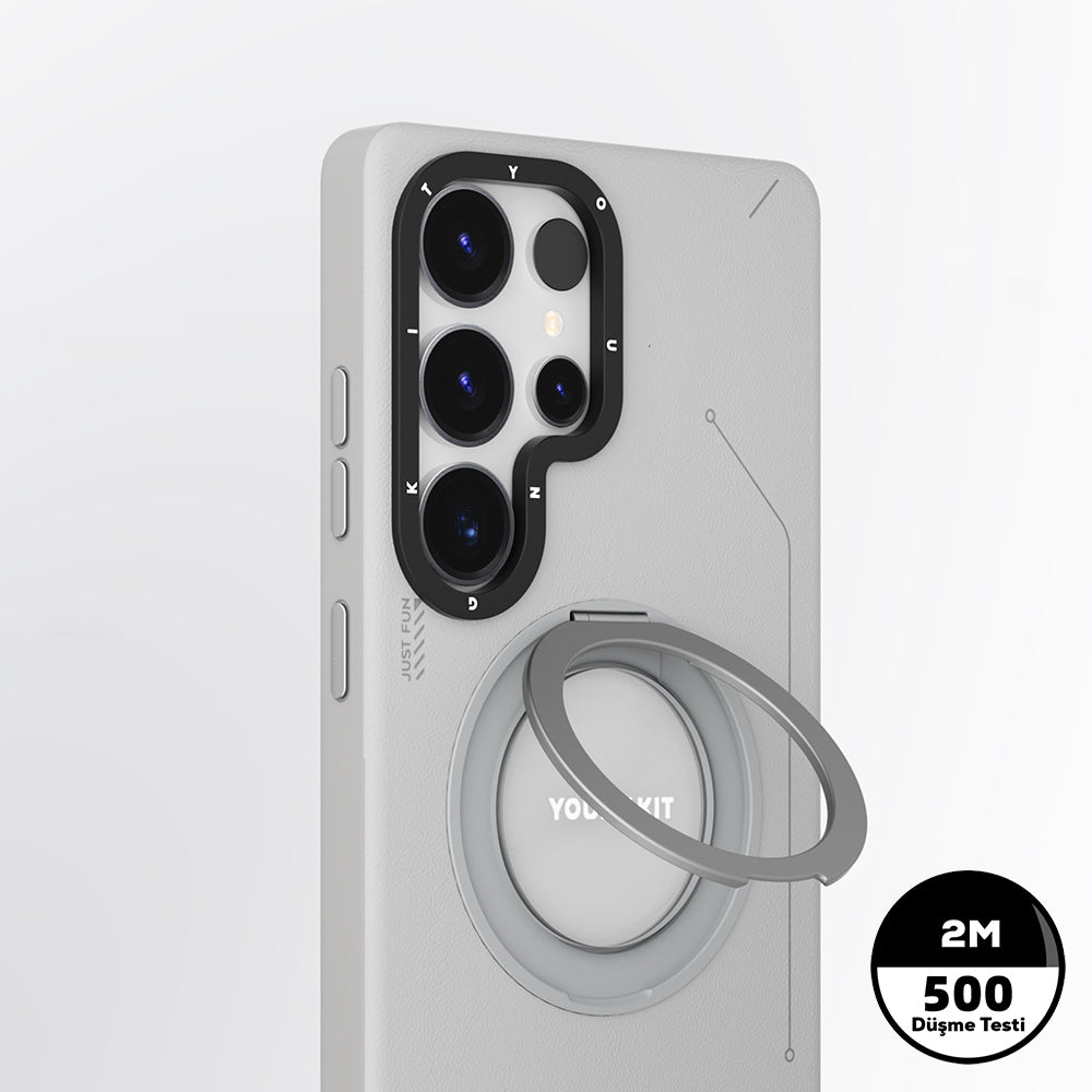 Galaxy S25 Ultra Kılıf M-safe Şarj Özellikli 360° Standlı Basit Mat Deri Desenli Youngkit Tech Leather Serisi Kapak