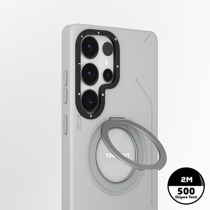 Galaxy S25 Ultra Kılıf M-safe Şarj Özellikli 360° Standlı Basit Mat Deri Desenli Youngkit Tech Leather Serisi Kapak