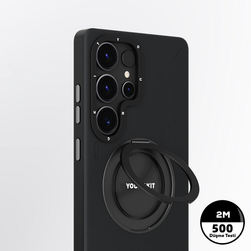 Galaxy S25 Ultra Kılıf M-safe Şarj Özellikli 360° Standlı Basit Mat Deri Desenli Youngkit Tech Leather Serisi Kapak