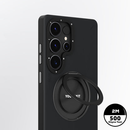 Galaxy S25 Ultra Kılıf M-safe Şarj Özellikli 360° Standlı Basit Mat Deri Desenli Youngkit Tech Leather Serisi Kapak