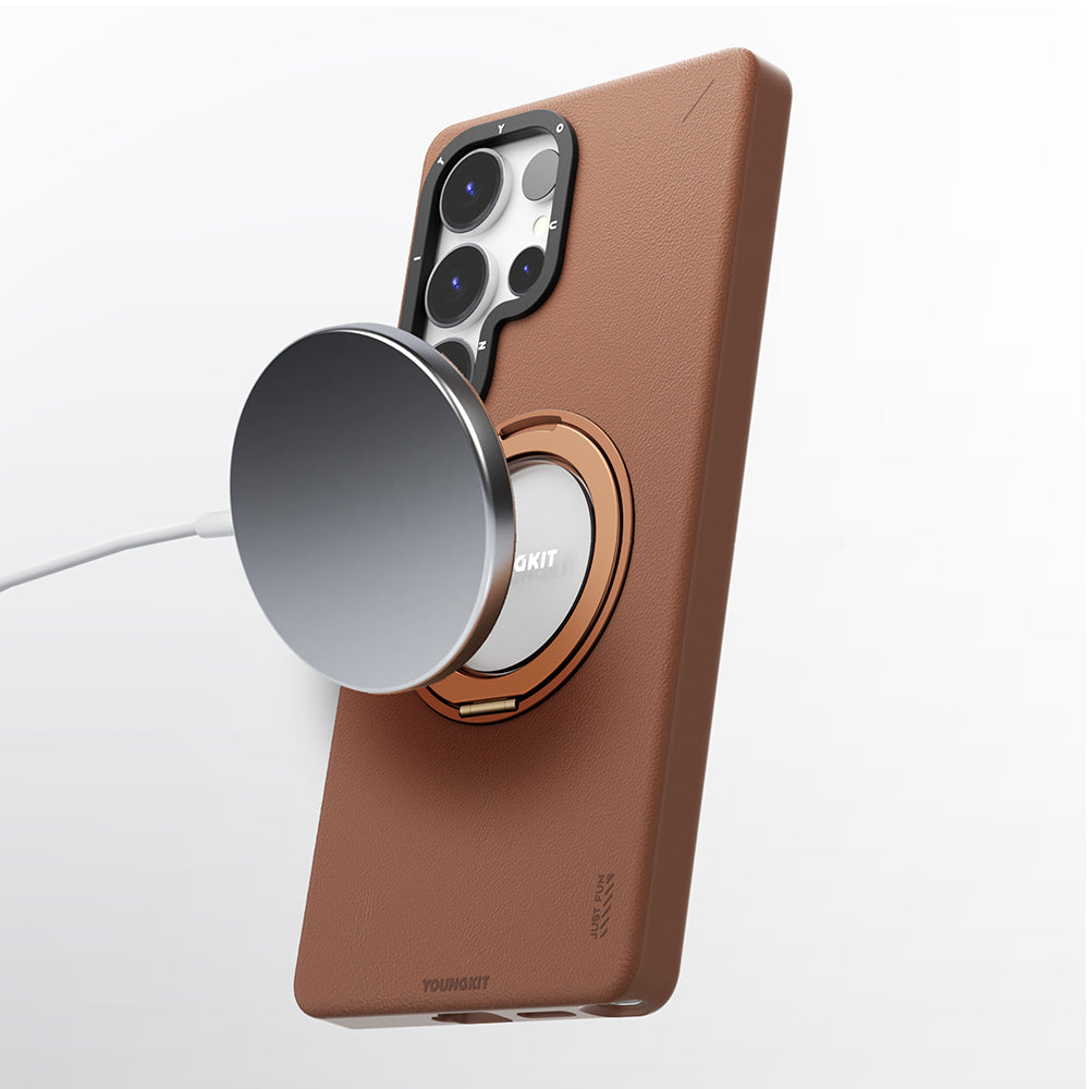 Galaxy S25 Ultra Kılıf M-safe Şarj Özellikli 360° Standlı Basit Mat Deri Desenli Youngkit Tech Leather Serisi Kapak