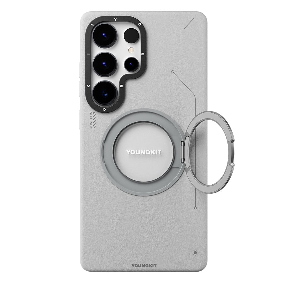 Galaxy S25 Ultra Kılıf M-safe Şarj Özellikli 360° Standlı Basit Mat Deri Desenli Youngkit Tech Leather Serisi Kapak