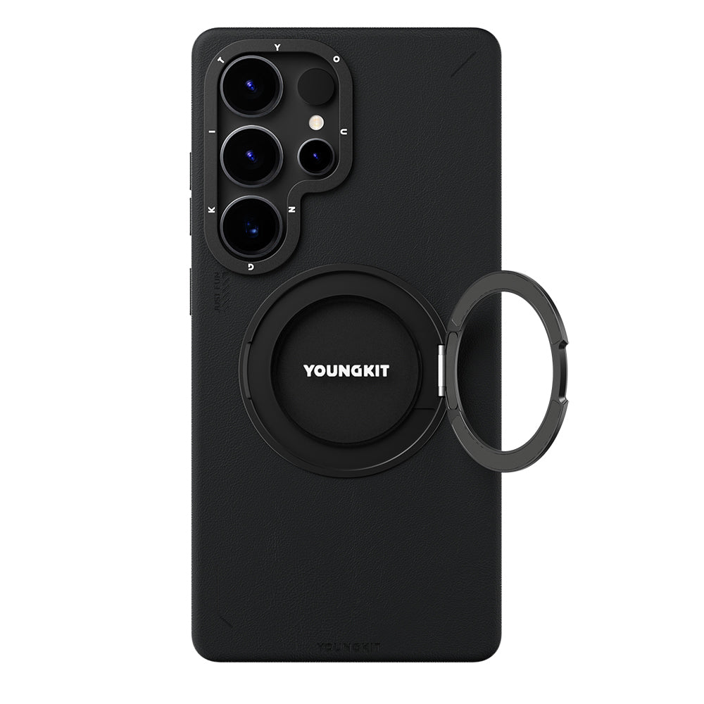 Galaxy S25 Ultra Kılıf M-safe Şarj Özellikli 360° Standlı Basit Mat Deri Desenli Youngkit Tech Leather Serisi Kapak