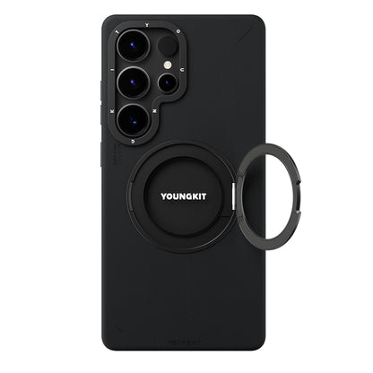 Galaxy S25 Ultra Kılıf M-safe Şarj Özellikli 360° Standlı Basit Mat Deri Desenli Youngkit Tech Leather Serisi Kapak