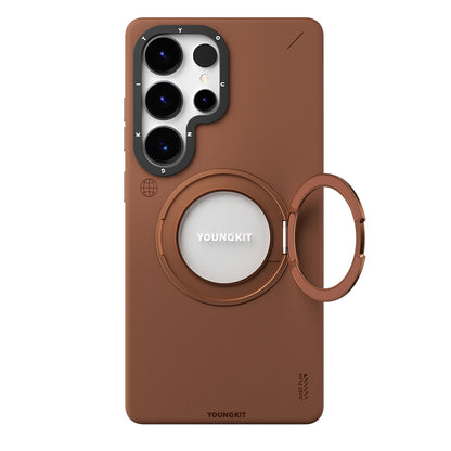 Galaxy S25 Ultra Kılıf M-safe Şarj Özellikli 360° Standlı Basit Mat Deri Desenli Youngkit Tech Leather Serisi Kapak