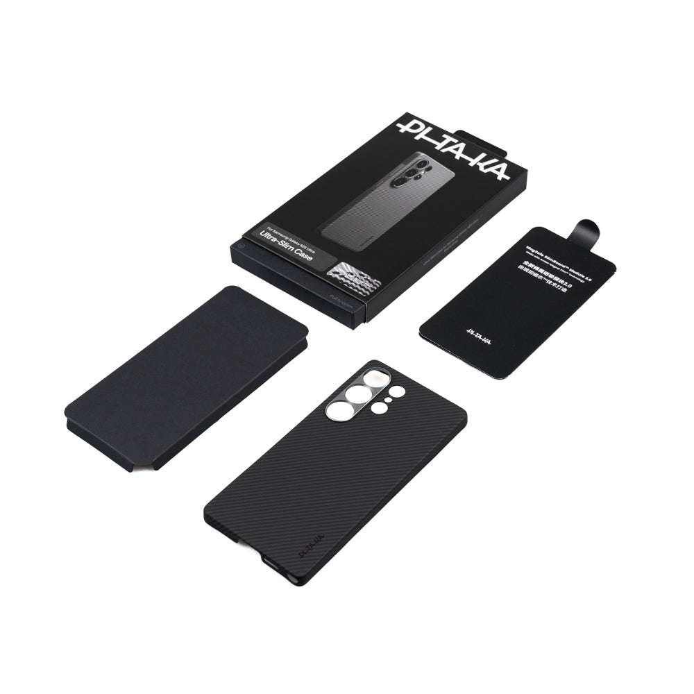 Galaxy S25 Ultra Kılıf M-safe Şarj Özellikli 600D Aramid Fiber Pitaka Ultra-Slim Classic Serisi Black-Grey Twill Kapak