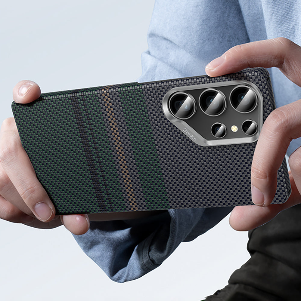 Galaxy S25 Ultra Kılıf M-safe Şarj Özellikli Karbon Fiber Tasarımlı Benks Aurora ArmorAir Kevlar Kapak