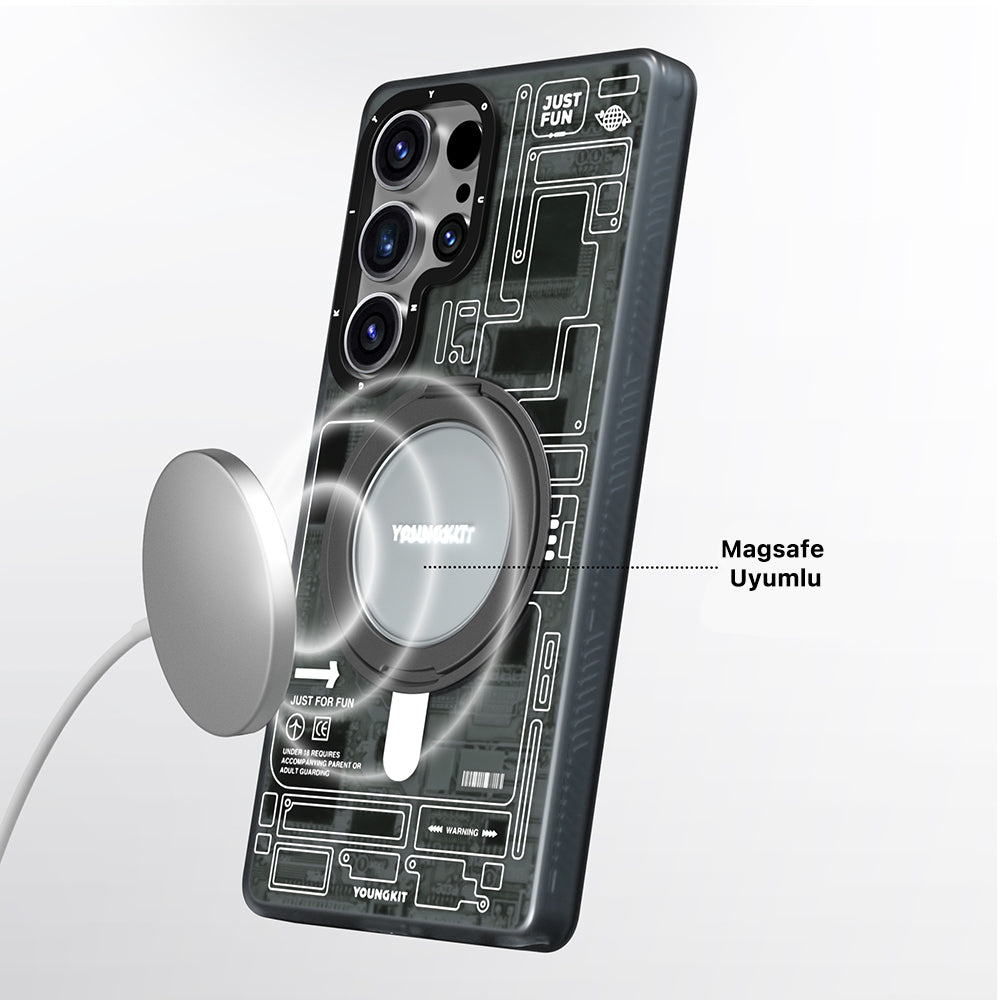 Galaxy S25 Ultra Kılıf M-safe Şarj Özellikli Youngkit 360° Standlı Technology Serisi Kapak