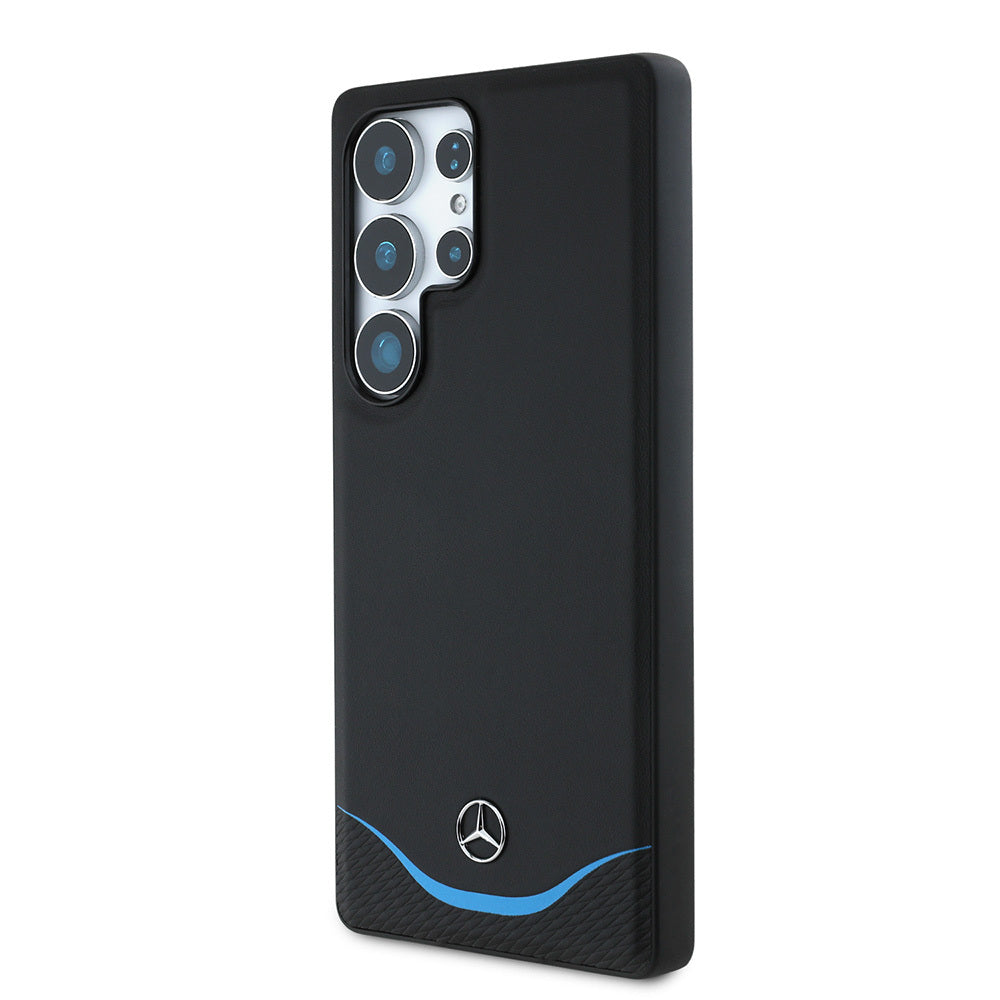 Galaxy S25 Ultra Kılıf Mercedes Benz Orjinal Lisanslı M-safe Şarj Özellikli 3D Metal Logolu Mavi Yatay Eğri Çizgili Deri Kapak