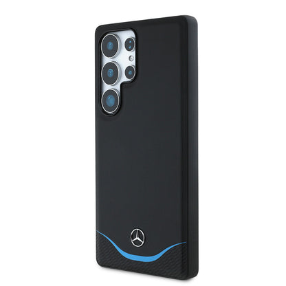 Galaxy S25 Ultra Kılıf Mercedes Benz Orjinal Lisanslı M-safe Şarj Özellikli 3D Metal Logolu Mavi Yatay Eğri Çizgili Deri Kapak