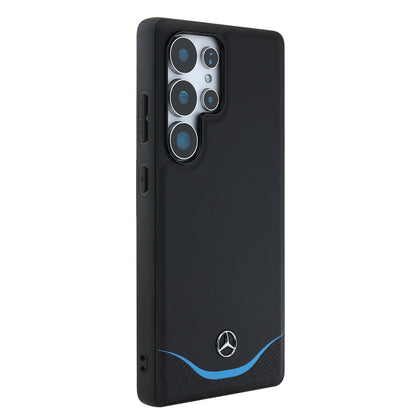 Galaxy S25 Ultra Kılıf Mercedes Benz Orjinal Lisanslı M-safe Şarj Özellikli 3D Metal Logolu Mavi Yatay Eğri Çizgili Deri Kapak
