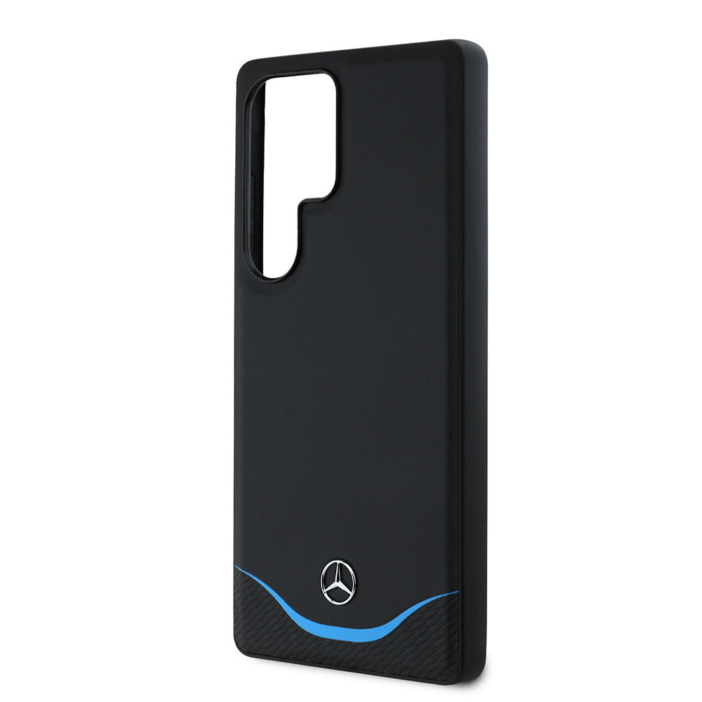 Galaxy S25 Ultra Kılıf Mercedes Benz Orjinal Lisanslı M-safe Şarj Özellikli 3D Metal Logolu Mavi Yatay Eğri Çizgili Deri Kapak