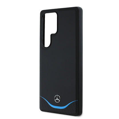 Galaxy S25 Ultra Kılıf Mercedes Benz Orjinal Lisanslı M-safe Şarj Özellikli 3D Metal Logolu Mavi Yatay Eğri Çizgili Deri Kapak